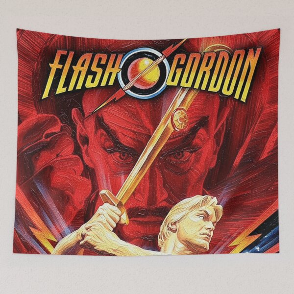 Item preview, Blonde Hero Gold Sword Red Lightning Art | Intergalactic Villain 80s Movie Painting | Bright Sci-Fi Poster designed and sold by Art's Diner.
