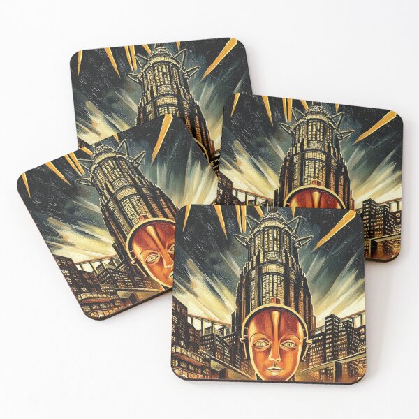 Item preview, Art Deco Robot Dystopian City Painting | Golden Skyscraper Expressionist Movie Poster | Vintage Sci-Fi designed and sold by Art's Diner.