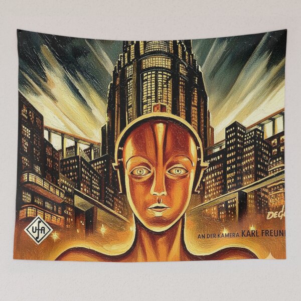 Item preview, Art Deco Robot Dystopian City Painting | Golden Skyscraper Expressionist Movie Poster | Vintage Sci-Fi designed and sold by Art's Diner.
