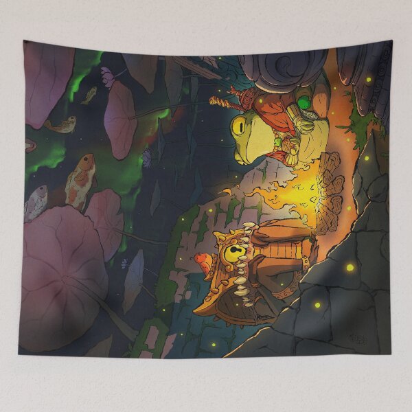 Item preview, fantasy monk frog and mimic bonfire night wholesome asian style illustration designed and sold by DingHuArt.