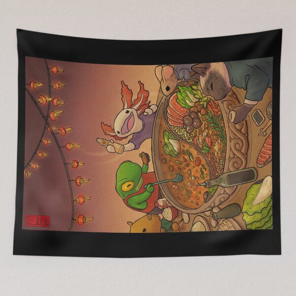 Item preview, Asian Hotpot Night with Cute Frog, Axolotl, Cat, Mouse, and Capybara designed and sold by DingHuArt.