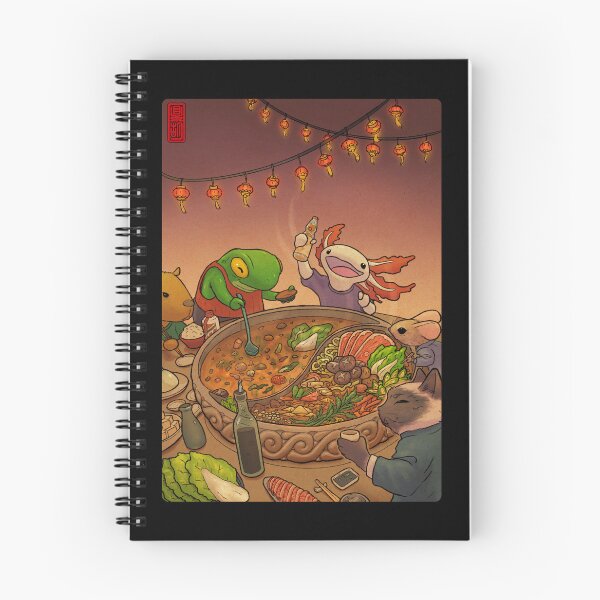 Item preview, Asian Hotpot Night with Cute Frog, Axolotl, Cat, Mouse, and Capybara designed and sold by DingHuArt.