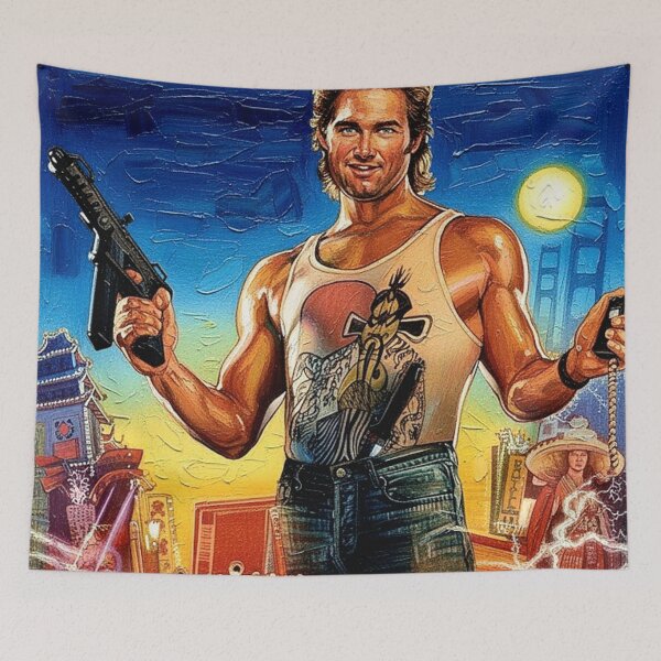 Item preview, White Tank Top Hero Two Guns Art | Giant Green Hands Chinatown Painting | Fiery 80s Cult Film Poster designed and sold by Art's Diner.