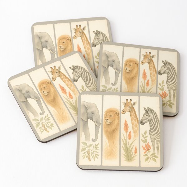 Item preview, Safari Quartet – Elephant, Lion, Giraffe & Zebra in Vintage Watercolor Panels designed and sold by MvuuStudio.