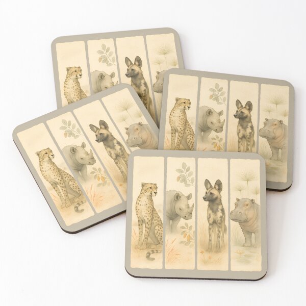 Item preview, Wild Hearts – Cheetah, Rhino, African Wild Dog & Hippo in Soft Watercolour Panelsanels designed and sold by MvuuStudio.