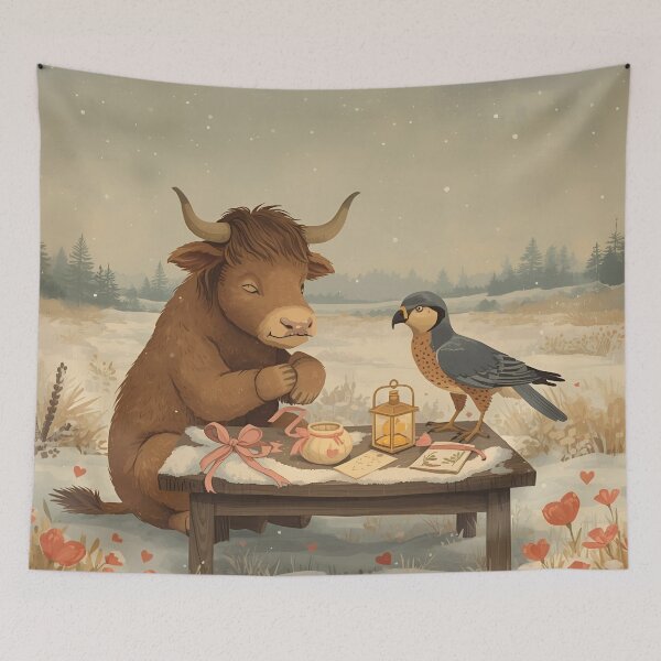 Item preview, Valentine’s Ox & Sparrowhawk Couple • Whimsical Countryside Heart Prep Art designed and sold by WildlifeWhimsy.