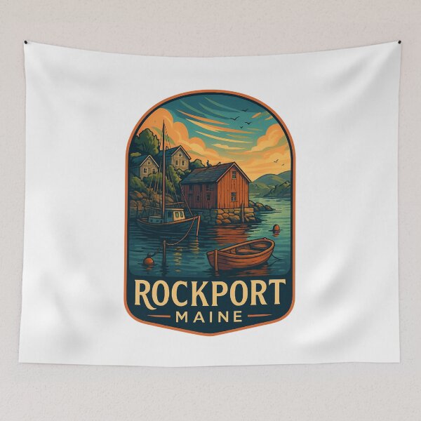 Item preview, Rockport Maine Harbor with Boats and Coastal Cottages designed and sold by Aryabek.