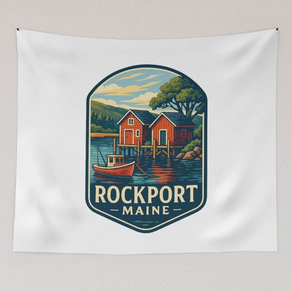 Item preview, Rockport Maine Dock Houses and Fishing Boat on Quiet Harbor designed and sold by Aryabek.