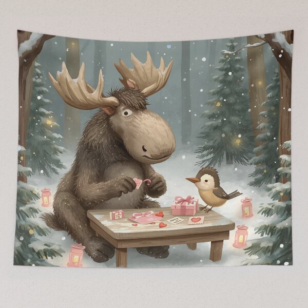 Item preview, Valentine’s Moose & Chickadee Couple • Whimsical Forest Heart Prep Art designed and sold by WildlifeWhimsy.