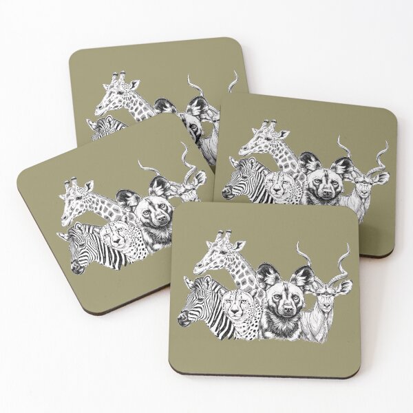 Item preview, Safari Five – Giraffe, Zebra, Cheetah, African Wild Dog & Kudu (Black-and-White Line Art) designed and sold by MvuuStudio.