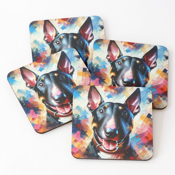 Artikelvorschau, Bullterrier | Zwergbullterrier, schwarz | Acryl-Kunstdruck, Hundeporträt für Hundeliebhaber entworfen und verkauft von Puppy Puzzles Plus.
