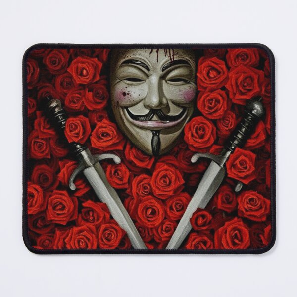 Item preview, Iconic Mask Red Rose Bed Art | Crossed Daggers Political Thriller Painting | Anarchist Symbolism designed and sold by Art's Diner.