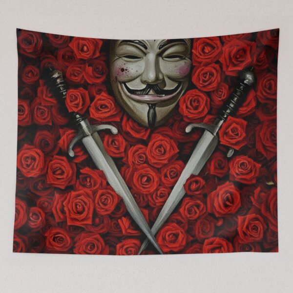 Item preview, Iconic Mask Red Rose Bed Art | Crossed Daggers Political Thriller Painting | Anarchist Symbolism designed and sold by Art's Diner.