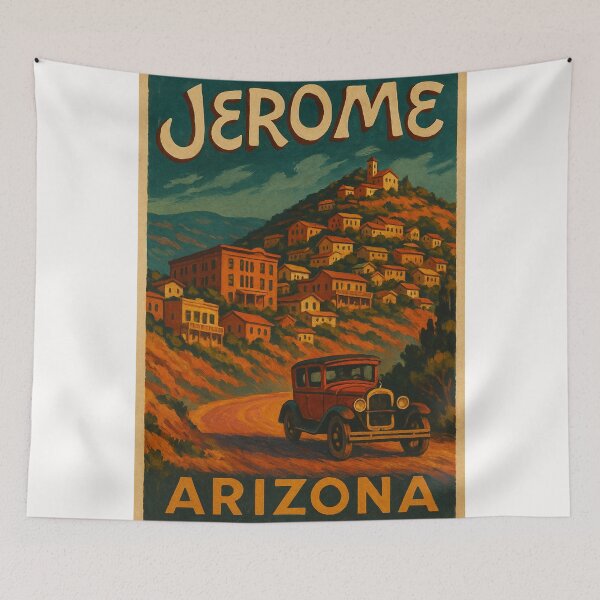 Item preview, Jerome Arizona Historic Mining Town with Classic Car and Hilltop View designed and sold by Places On Earth.