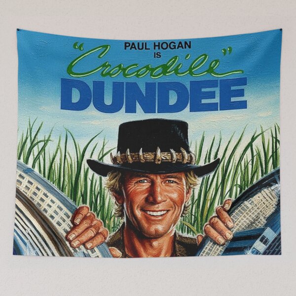 Item preview, Bush Hat Man City Skyscraper Art | Outback Hero Comedy Movie Painting | 80s Fish Out of Water Poster designed and sold by Art's Diner.