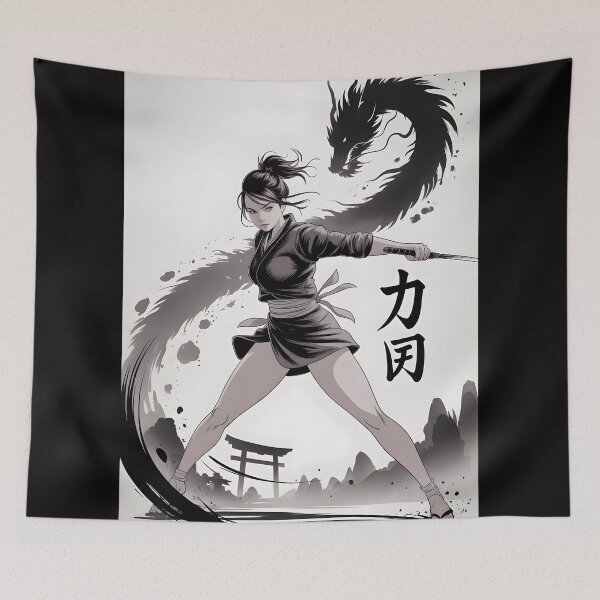 Item preview, Girl Warrior Dragon Anime Japanese Korean Mythological Ink Sumi-E Desing designed and sold by blacksealstudio.