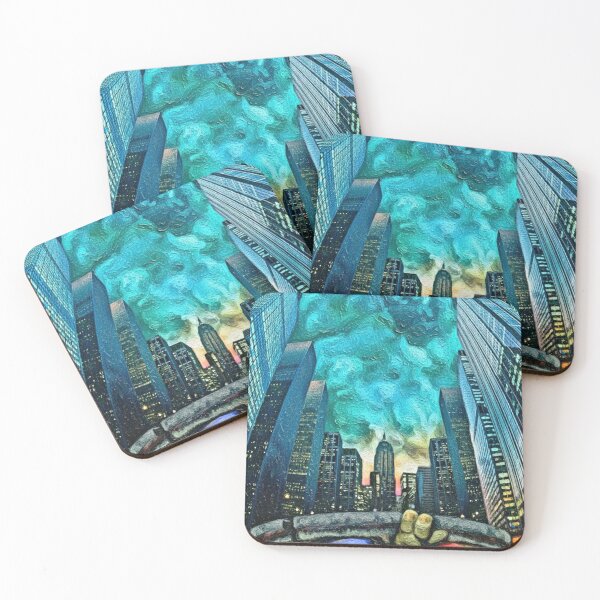 Item preview, Four Turtle Heroes City Skyline Art | Sewer Grate Abstract Painting | Blue Green Expressionist Sky designed and sold by Art's Diner.