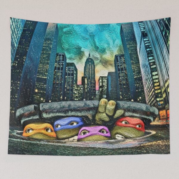 Item preview, Four Turtle Heroes City Skyline Art | Sewer Grate Abstract Painting | Blue Green Expressionist Sky designed and sold by Art's Diner.