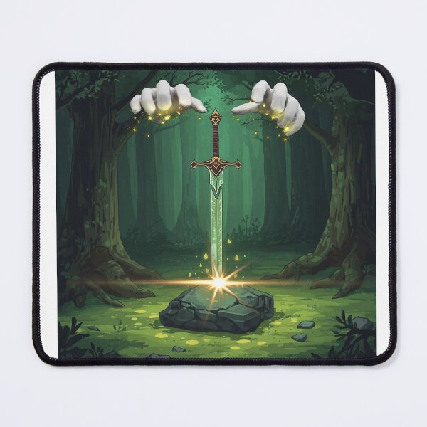 Item preview, sword in a stone placed in a forest clearing, fantasy nature art designed and sold by tsintsinshop.