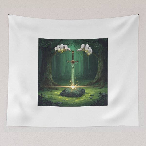 Item preview, sword in a stone placed in a forest clearing, fantasy nature art designed and sold by tsintsinshop.