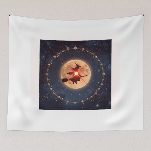 Item preview, witch flying on broomstick, starry sky circle frame, magic theme designed and sold by tsintsinshop.