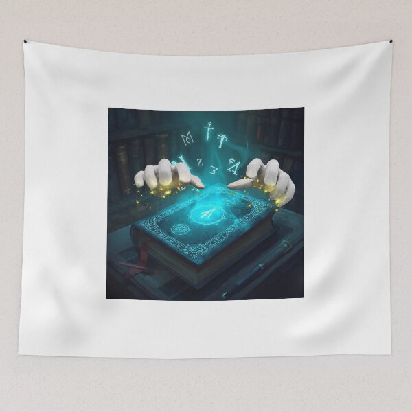 Item preview, magic spell book with floating runes, mystical neon glow designed and sold by tsintsinshop.