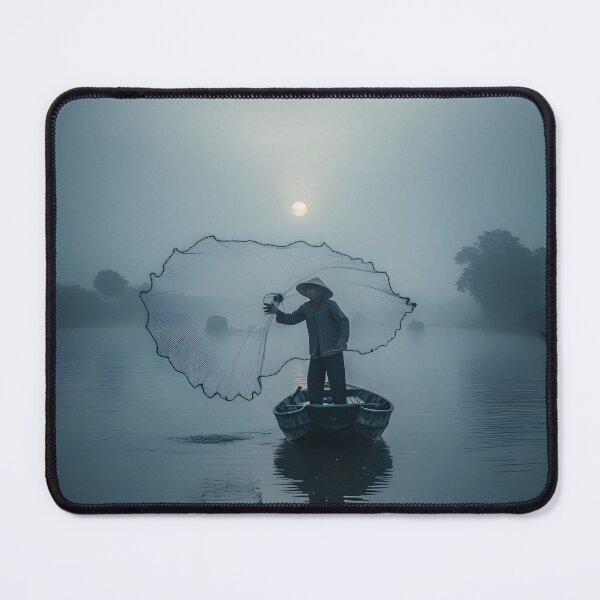 Item preview, Fisherman casting a net on a misty river at dawn designed and sold by homydesign.