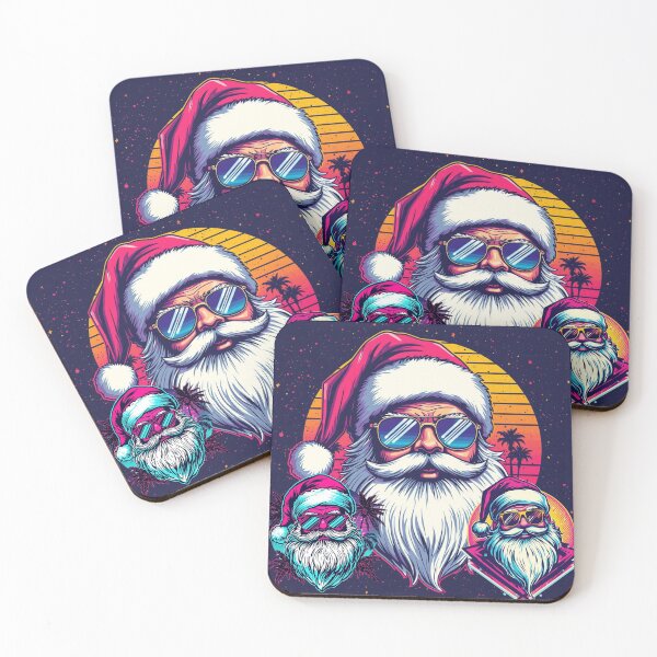 Item preview, retro 80s Santa Claus with sunglasses, neon colors, vintage grain, fun holiday vibe, designed and sold by tsintsinshop.