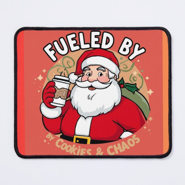 Item preview, Santa holding coffee with text “Fueled by Cookies & Chaos”, cartoon style, bold outlines, humorous design designed and sold by tsintsinshop.