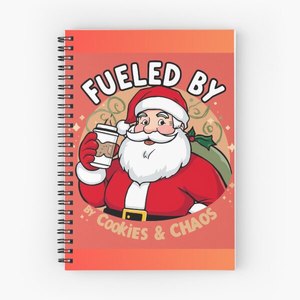 Item preview, Santa holding coffee with text “Fueled by Cookies & Chaos”, cartoon style, bold outlines, humorous design designed and sold by tsintsinshop.