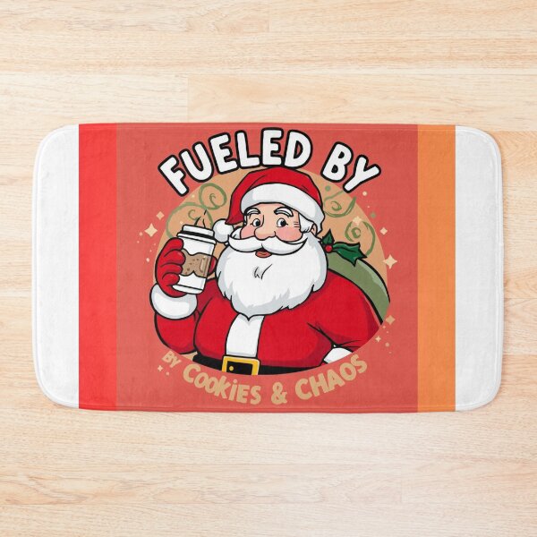 Item preview, Santa holding coffee with text “Fueled by Cookies & Chaos”, cartoon style, bold outlines, humorous design designed and sold by tsintsinshop.