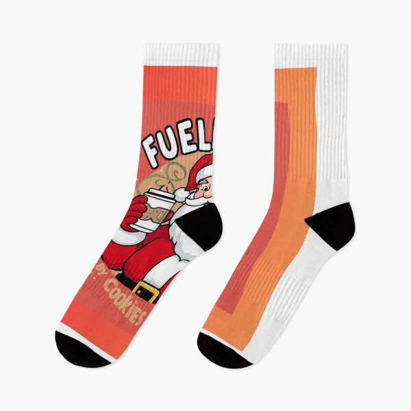 Item preview, Santa holding coffee with text “Fueled by Cookies & Chaos”, cartoon style, bold outlines, humorous design designed and sold by tsintsinshop.