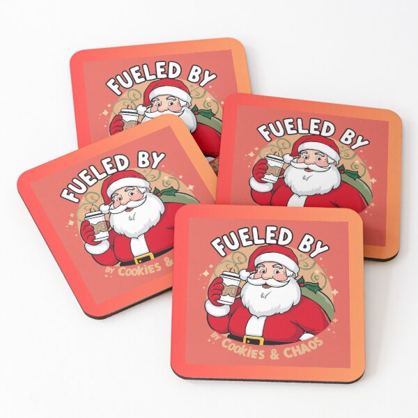 Item preview, Santa holding coffee with text “Fueled by Cookies & Chaos”, cartoon style, bold outlines, humorous design designed and sold by tsintsinshop.