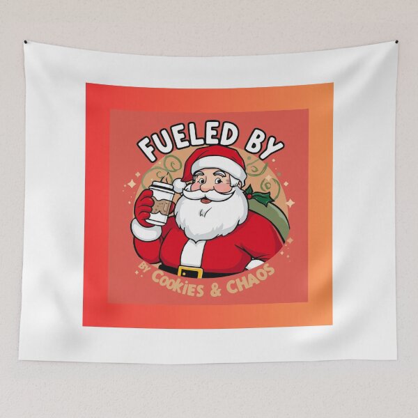 Item preview, Santa holding coffee with text “Fueled by Cookies & Chaos”, cartoon style, bold outlines, humorous design designed and sold by tsintsinshop.
