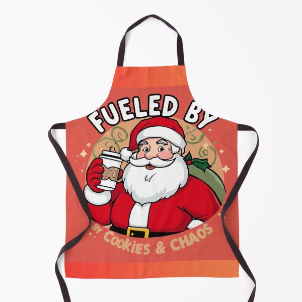 Item preview, Santa holding coffee with text “Fueled by Cookies & Chaos”, cartoon style, bold outlines, humorous design designed and sold by tsintsinshop.