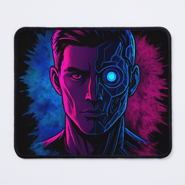 Item preview, Cyberpunk Half Human Half Cyborg Neon Portrait – Futuristic Tech Art designed and sold by Vivalore.