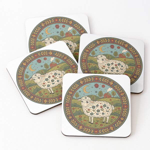 Item preview, Whimsical Folk Art Sheep in Floral Meadow - Circular Design designed and sold by VibranPalette.