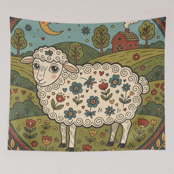 Item preview, Whimsical Folk Art Sheep in Floral Meadow - Circular Design designed and sold by VibranPalette.