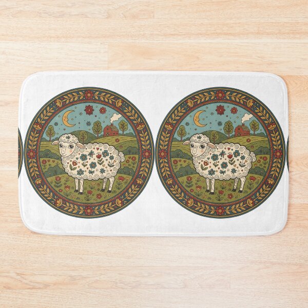 Item preview, Whimsical Folk Art Sheep in Floral Meadow - Circular Design designed and sold by VibranPalette.