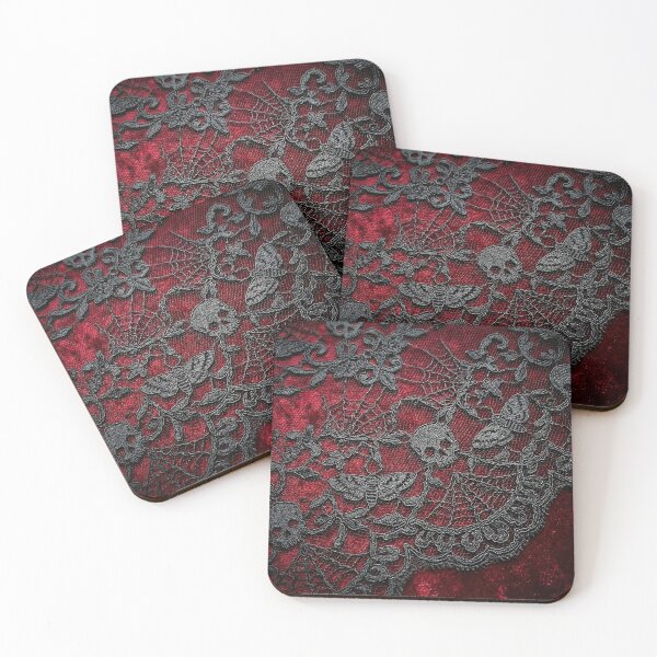 Item preview, Gothic Doily Red Velvet - Intricate Black Lace Skulls & Moths designed and sold by SavinMercantile.