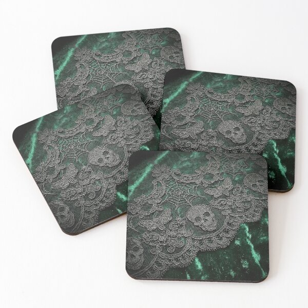 Item preview, Gothic Doily Emerald Green Velvet - Black Lace Skull & Moth Pattern designed and sold by SavinMercantile.
