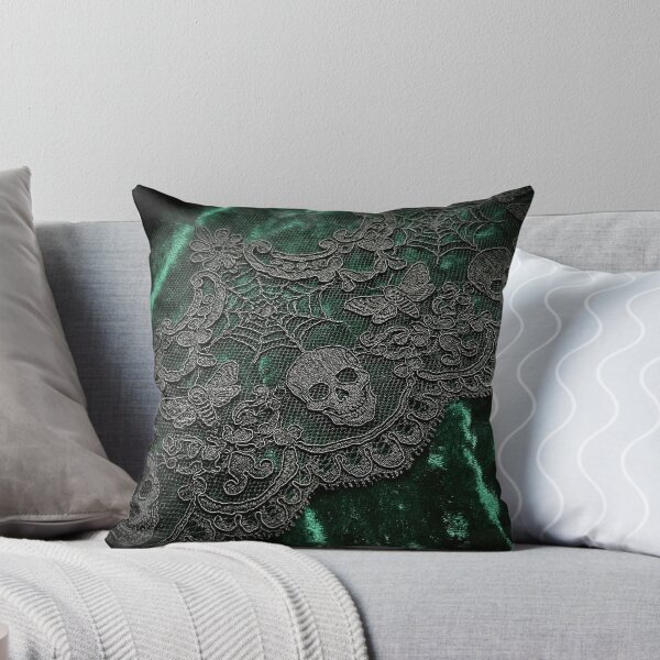 Item preview, Gothic Doily Emerald Green Velvet - Black Lace Skull & Moth Pattern designed and sold by SavinMercantile.