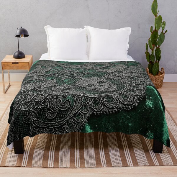 Item preview, Gothic Doily Emerald Green Velvet - Black Lace Skull & Moth Pattern designed and sold by SavinMercantile.