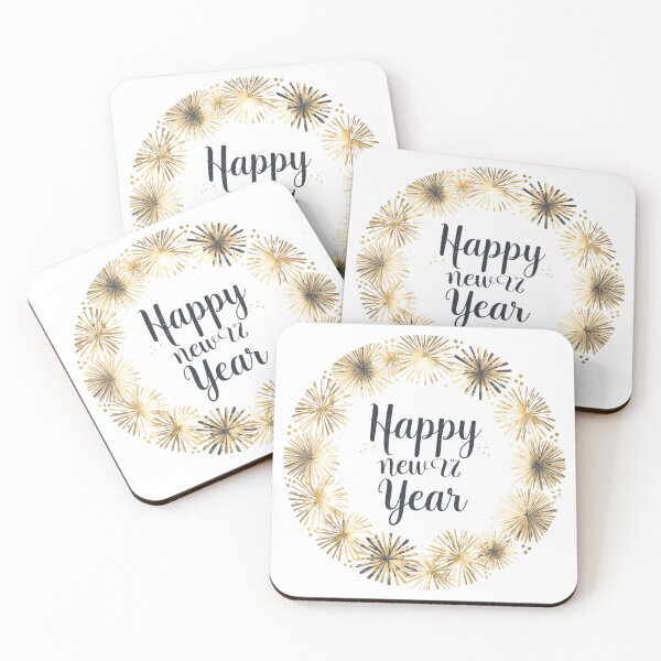 Item preview, Happy new year text with glitter frame and colorful confetti and fireworks isolated on white background. designed and sold by PWDigitalArt.