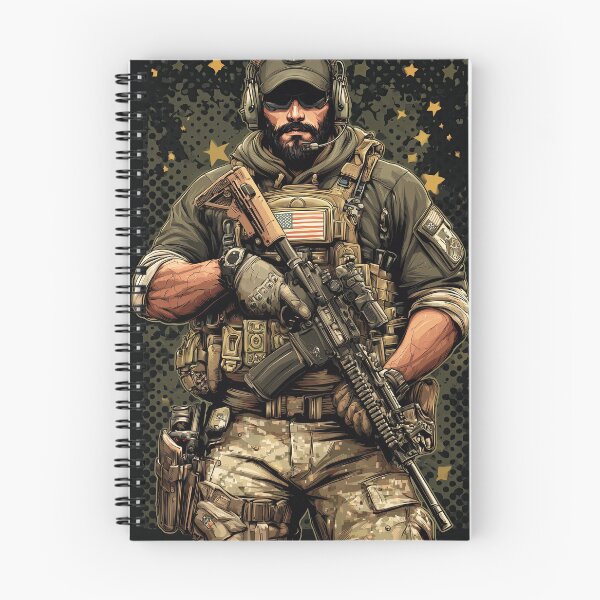 Item preview, Stoic Commando Holding Weapon Against Dark Green Background designed and sold by Piotrek0001.