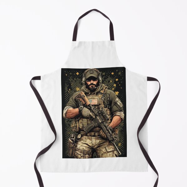 Item preview, Stoic Commando Holding Weapon Against Dark Green Background designed and sold by Piotrek0001.