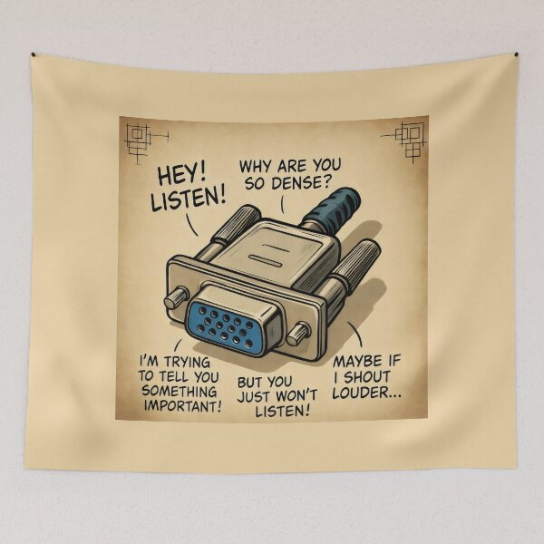 Item preview, VGA Connector Cartoon Design with Frustrated Speech Bubbles and Tech Humor designed and sold by SplashTastic.