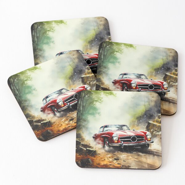 Item preview, Vintage sports car sliding through misty forest trail designed and sold by RevUpDesign.