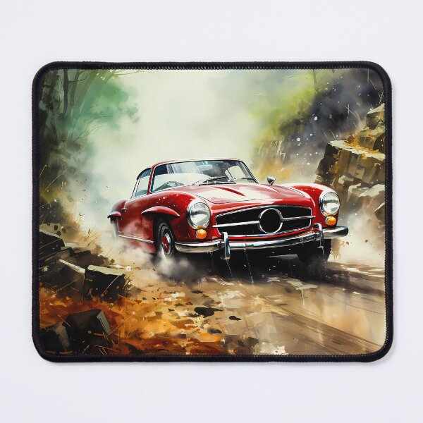 Item preview, Vintage sports car sliding through misty forest trail designed and sold by RevUpDesign.