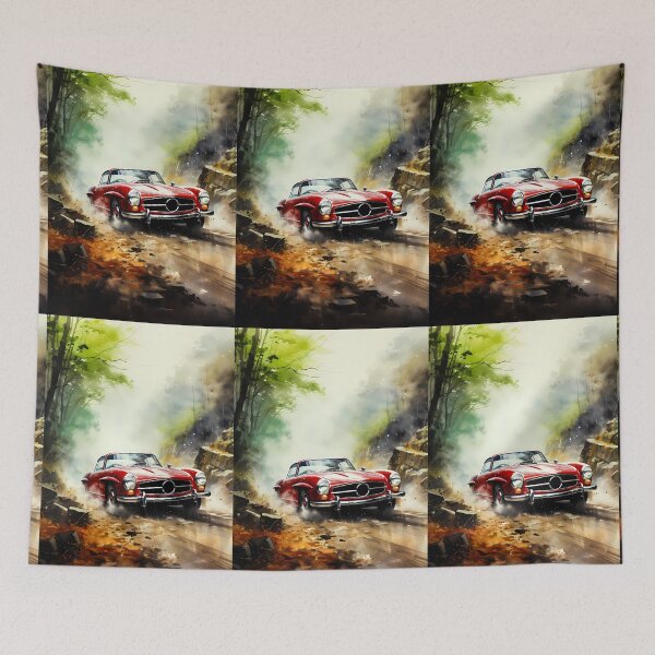 Item preview, Vintage sports car sliding through misty forest trail designed and sold by RevUpDesign.
